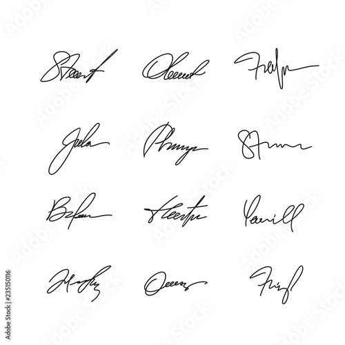 Collection of vector signatures. Samples handwritten autographs. Vector illustration for convection.
