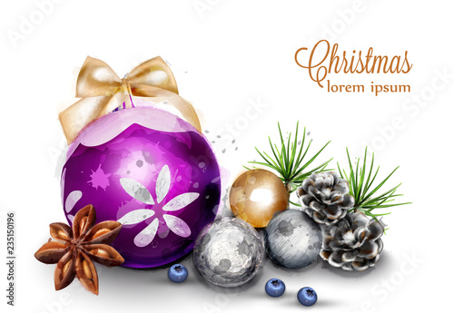 Merry Christmas card with cute decorations Vector watercolor illustrations