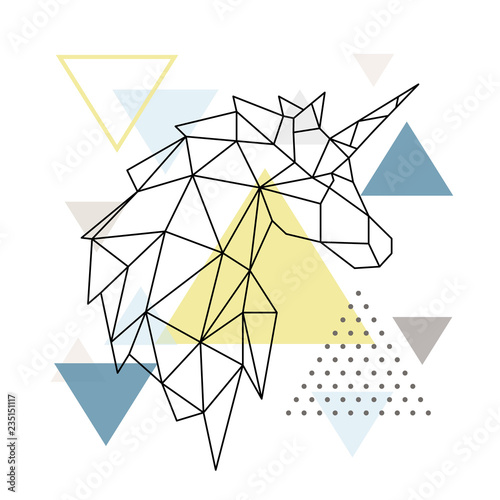 Geometric Unicorn silhouette on triangle background. Polygonal Unicorn emblem. Vector illustration.