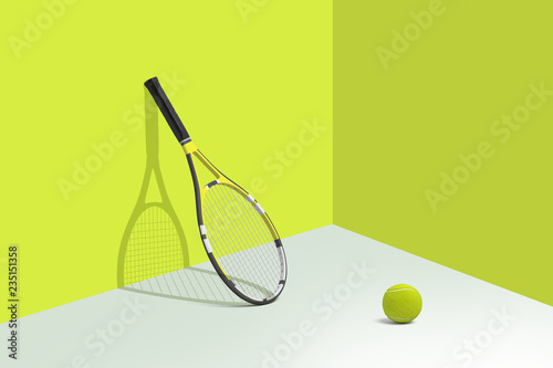 3d rendering of tennis racquet stands leaning on a bright yellow wall with a ball lying on a white floor nearby.