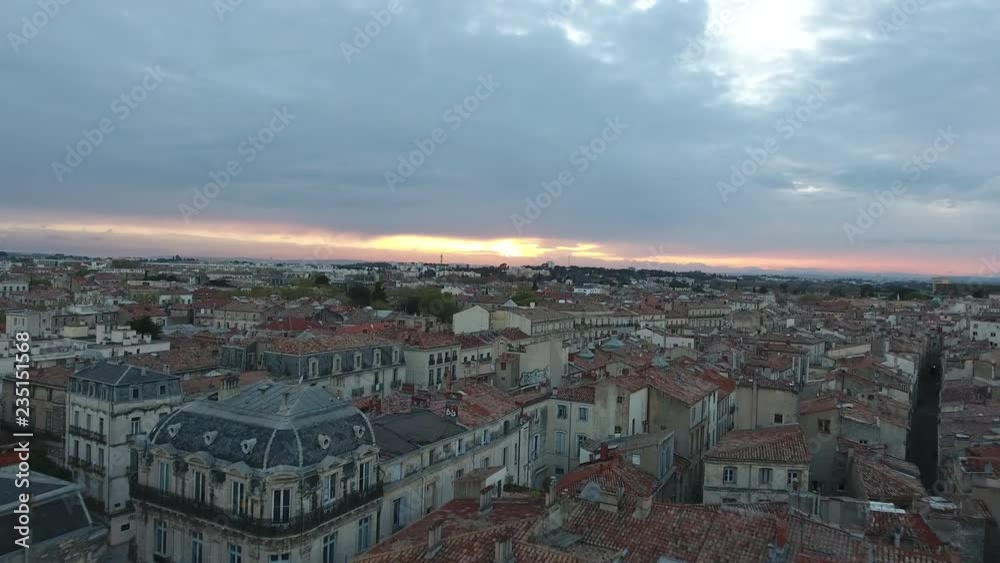 Montpellier rooftops and sunset aerial drone shot. Old mediterranean city Montpellier rooftops and sunset aerial drone shot. Old mediterranean city