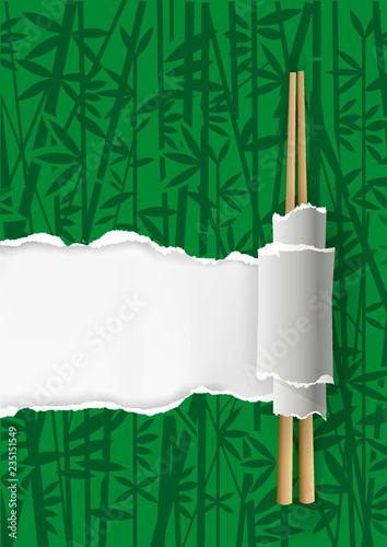 China restaurant menu, green background with bamboo. 
Green Ripped paper with bamboo motive and Chinese chopsticks. Place for your text or image. Vector available. 