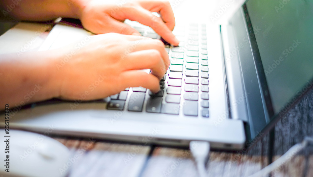 Concept hand working woman keyboard business screen laptop computer on wooden background. out of focus. Concept hand working woman keyboard business screen laptop computer on wooden background. out of focus.
