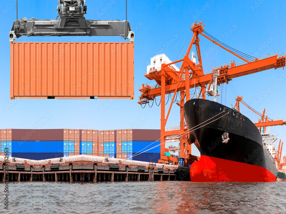 Crane lifting up container ship cargo containers loading to harbor with