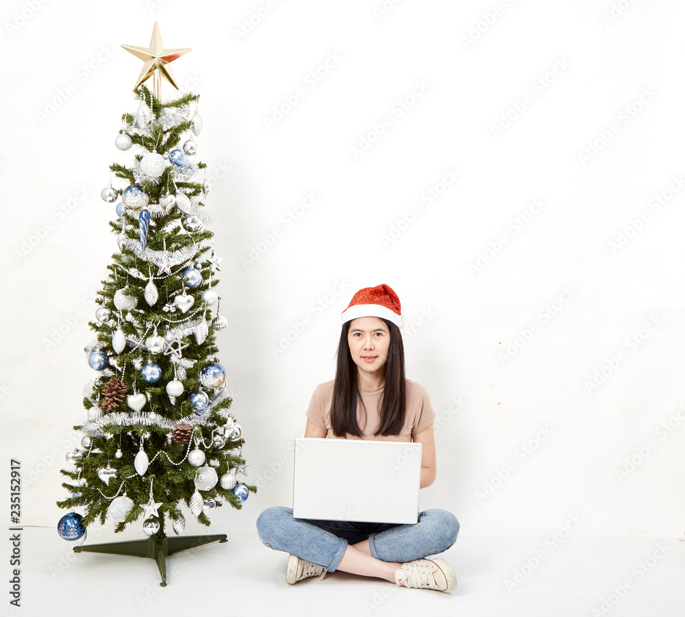 Christmas tree with woman laptop Christmas tree with woman laptop