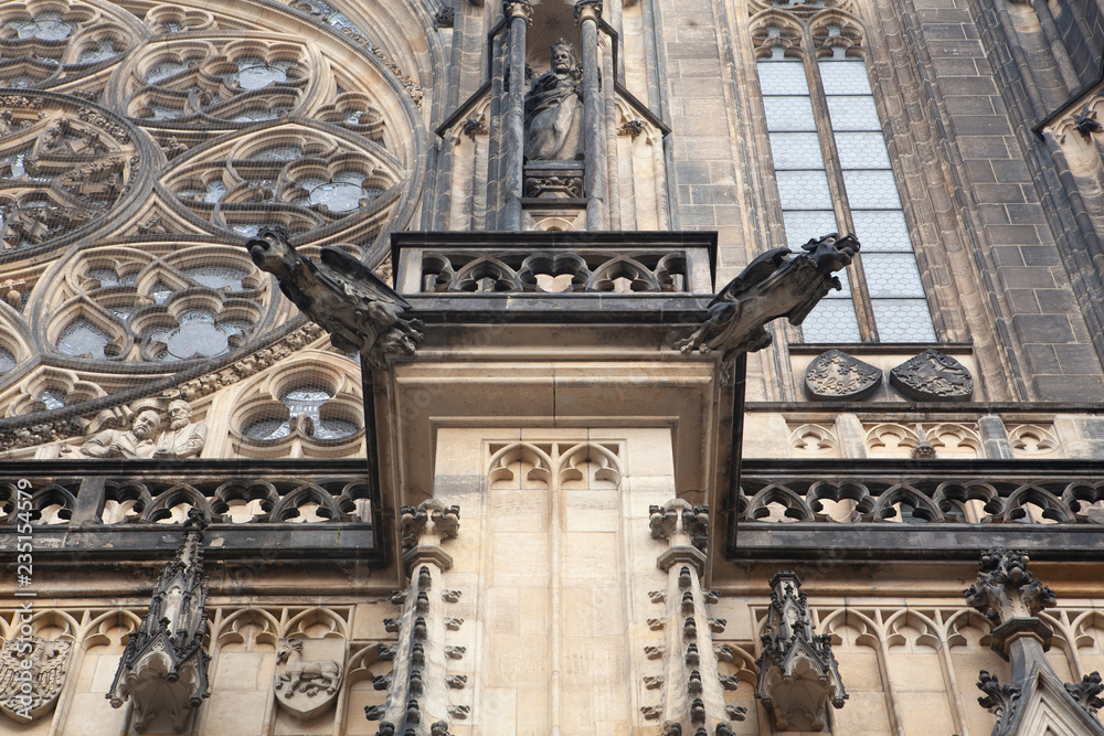 Scary  gargoyles of Saint Vitus Cathedral in Prague, original gothic style sculpture