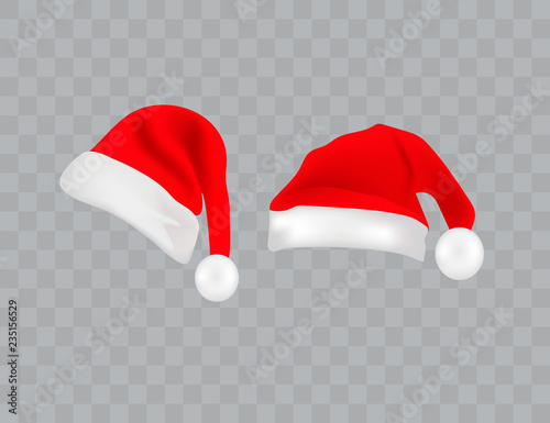 Big set of realistic Santa Hats isolated on transparent background. Vector santa claus hat colllection, holiday cap to xmas illustration
