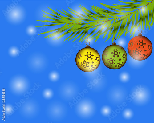 Elegant Christmas gold illustration with christmass balls. Elegant vector background with fir-tree branches. Happy New Year banner with colorful confetti, stars and shining lights. Vector illustration