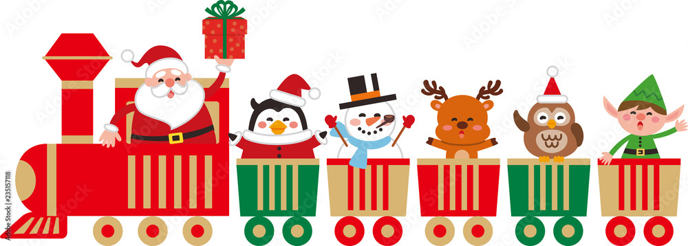 おもちゃの汽車に乗ったかわいいクリスマスのキャラクター。ベクター素材