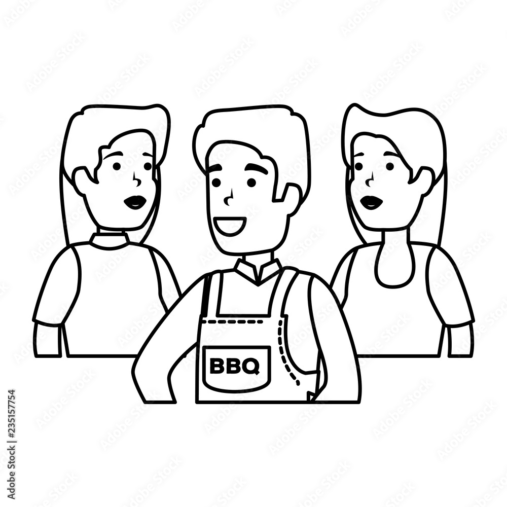 man with bbq apron and friends