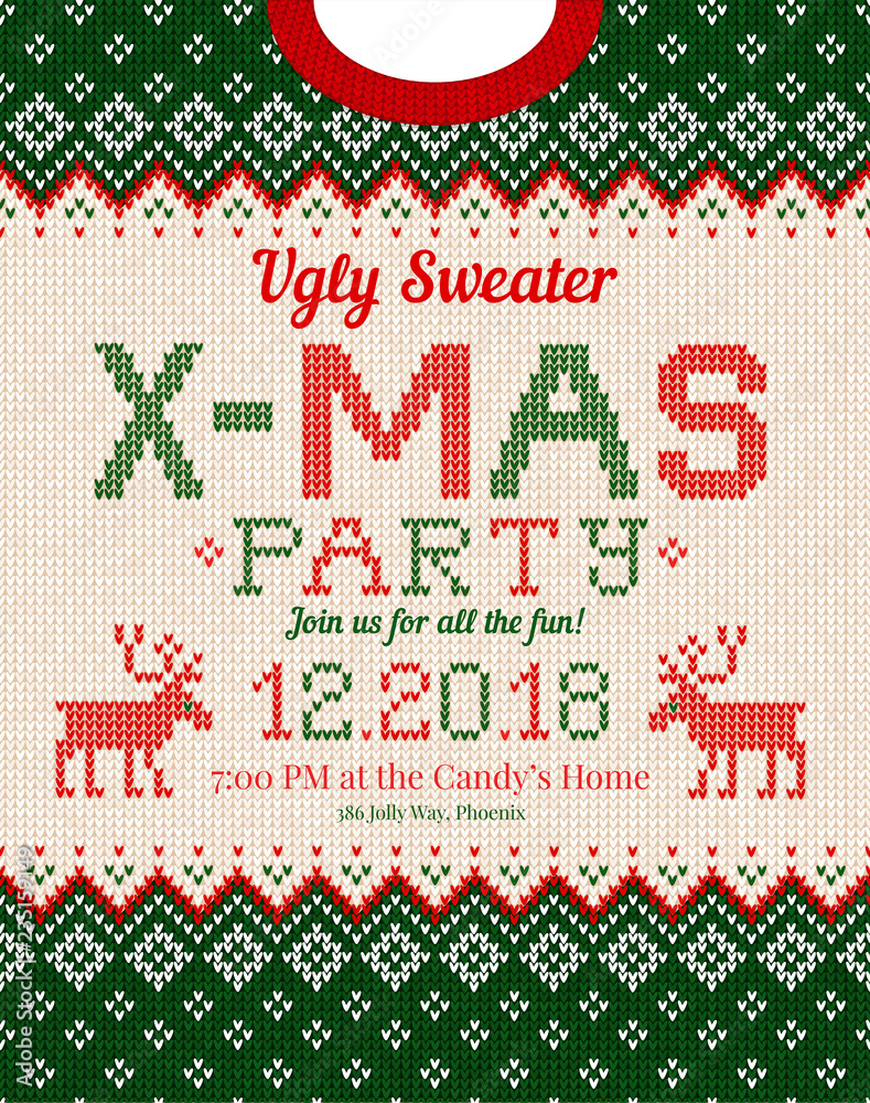 Ugly sweater Christmas party invite. Knitted background pattern scandinavian ornaments. Ugly sweater Christmas party invite. Knitted background pattern scandinavian ornaments.