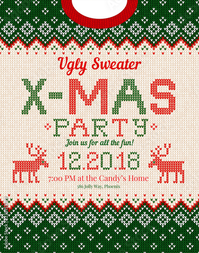 Ugly sweater Christmas party invite. Knitted background pattern scandinavian ornaments.