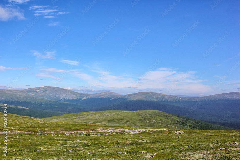 Fototapeta premium Russia Northern Ural view from the top of the mountain.