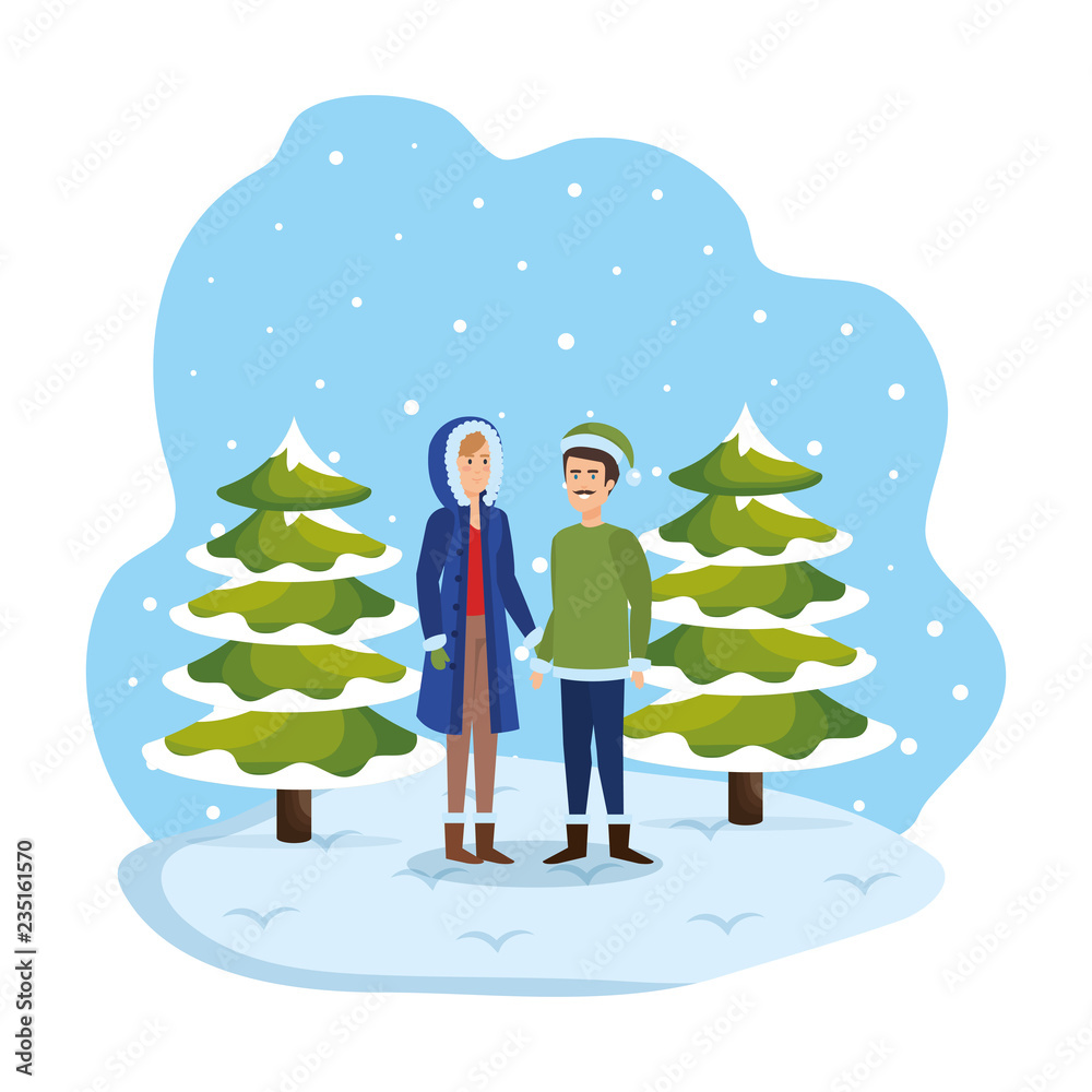 young couple with winter clothes in snowscape