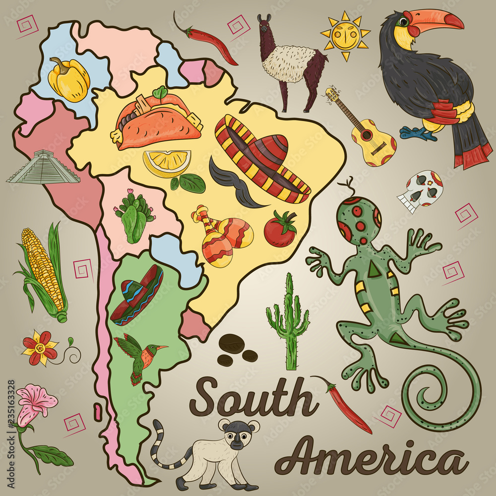 color_4_drawing on the theme of South America, the continent depicts plants, animals living in South America