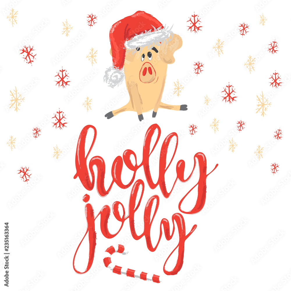 Fototapeta premium Merry Christmas card with cute pig in Santa hat with lettering Holly Jolly