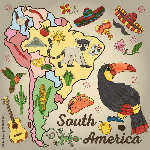 color_2_drawing on the theme of South America, the continent depicts plants, animals living in South America