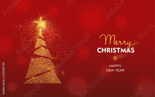 Christmas and New Year gold glitter pine tree card