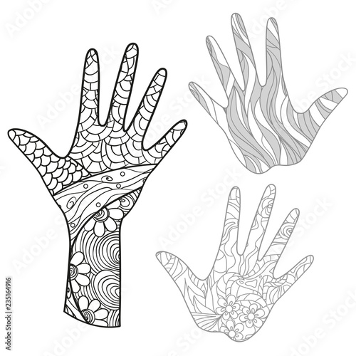 Arm. Hand drawn doodles with abstract patterns on isolation background. Design for spiritual relaxation for adults. Line art creation. Black and white illustration for coloring. Zentangle. Zen art