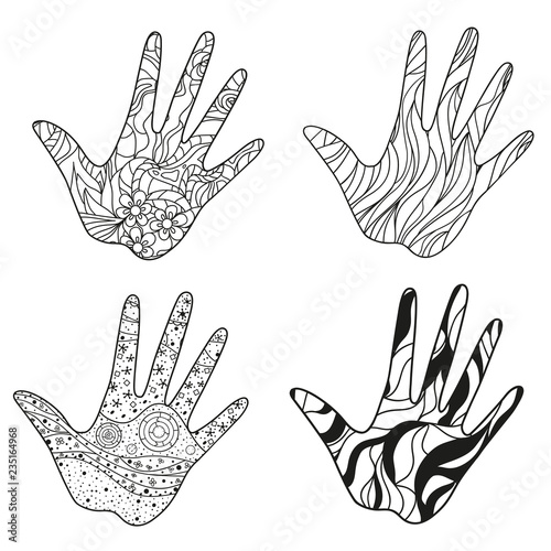 Hands with abstract patterns on isolation background. Design for spiritual relaxation for adults. Zen art. Doodles for banners, posters and textiles. Black and white illustration for coloring
