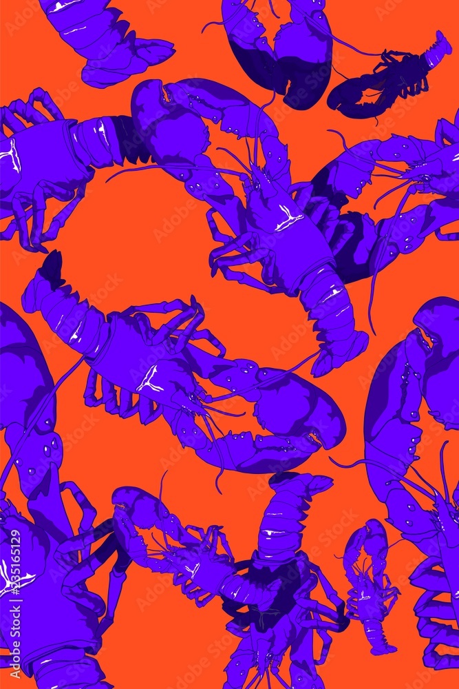 Naklejka Colorful seamless composition of hand-drawn lobster.Vector illustration.