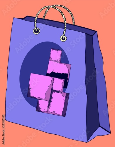 Hand drawn paper colorful gift bag with illustration.