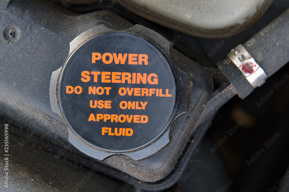 Cap of a power steering oil tank. Do not overfill and use approved