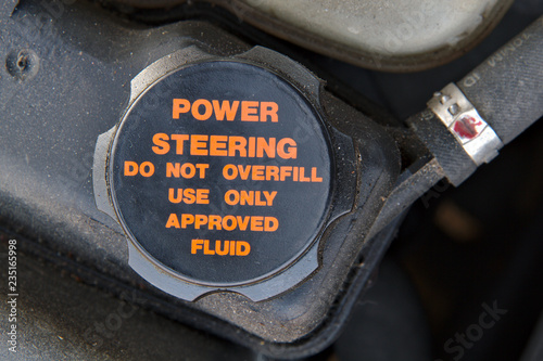 Cap of a power steering oil tank. Do not overfill and use approved fluid only.