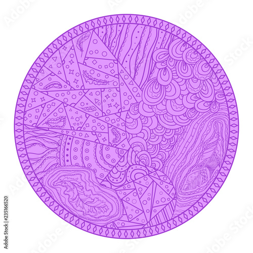 Circle colored pattern on white. Zentangle. Hand drawn mandala on isolated background. Design for spiritual relaxation for adults. Print for flyers and banners. Vintage and retro style