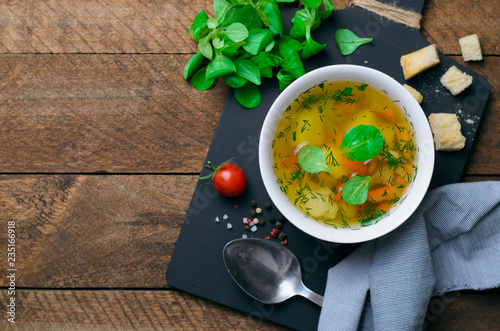 Vegetable Soup with Carrot, Bell Pepper, Potato, Leek and Herbs, Bowls of Healthy Vegetarian Soup