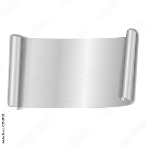 Silver scroll isolated on white background. Gray paper roll banner 3D. Ribbon design for Christmas frame, New Year decoration, curved retro border. Smooth realistic texture. Vector illustration