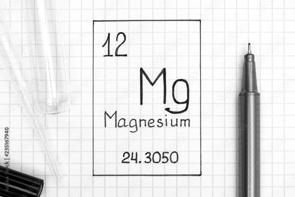 Handwriting chemical element Magnesium Mg with black pen, test tube and pipette. Handwriting chemical element Magnesium Mg with black pen, test tube and pipette.