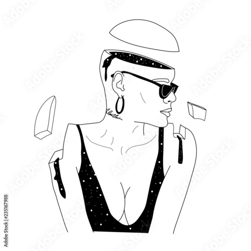 portrait of a beautiful young woman, cosmic illustration, symbolism, mysticism, space inside, philosophical art, sketch of the face of a pretty girl