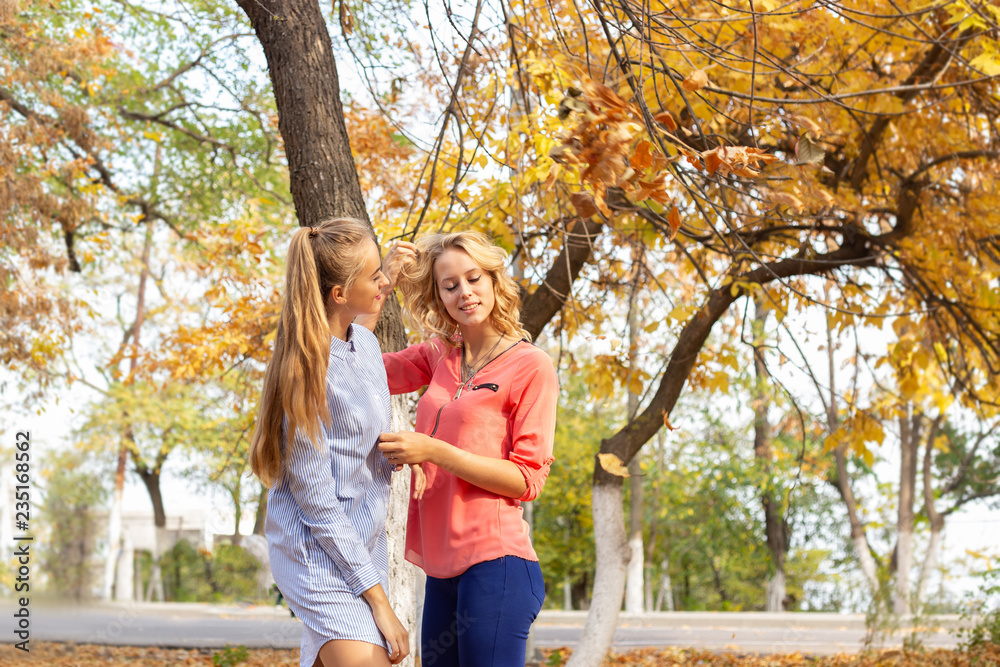 Fototapeta premium Summer autumn vacation, holidays, travel and people concept - group of young women in the park