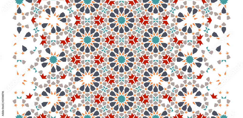 Tile repeating vector border. Geometric halftone pattern with colorful arabesque disintegration