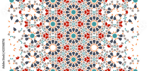 Tile repeating vector border. Geometric halftone pattern with colorful arabesque disintegration photo