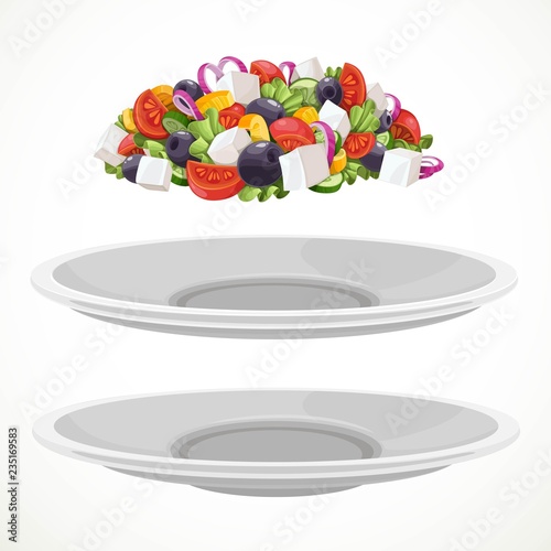 Set from Greek salad of Set from Greek salad of fresh vegetables and cheese and large white ceramic plates separately to choose object isolated on a white background