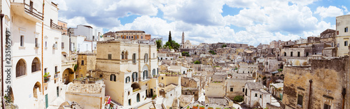 Spectacular panoramic view of ancient cave dwellings in Matera's Sasso Barisano, Italy