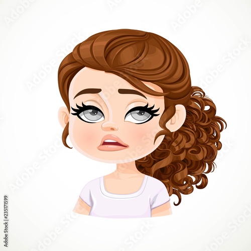 Beautiful tired cartoon brunette girl with dark chocolate hair portrait isolated on white background