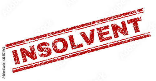 INSOLVENT seal watermark with distress texture. Red vector rubber print of INSOLVENT text with retro texture. Text title is placed between double parallel lines.