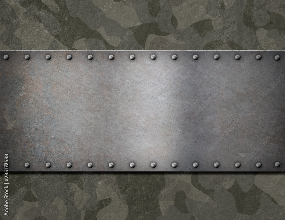 metal plaque over military camouflage armor 3d illustration