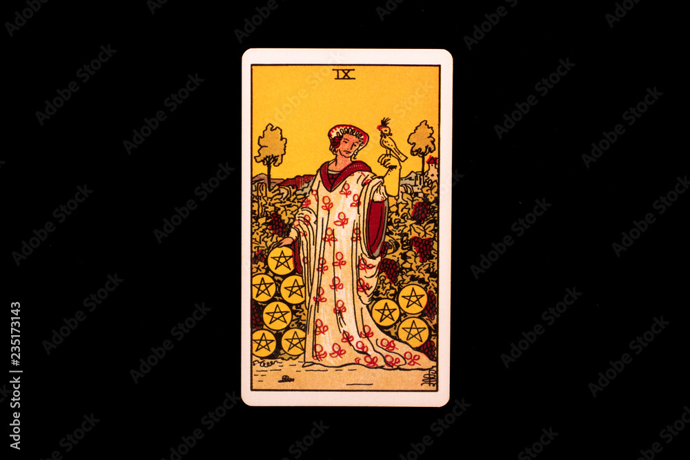 Obraz premium An individual minor arcana tarot card isolated on black background. Nine of pentacles.
