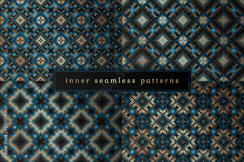 Vector set of sacred geometry seamless pattern; Mixed styles - ancient traditional northern embroidery with contemporary digital design; Psychedelic paganism.