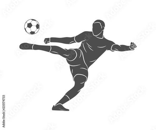 Silhouette soccer player quick shooting a ball on a white background