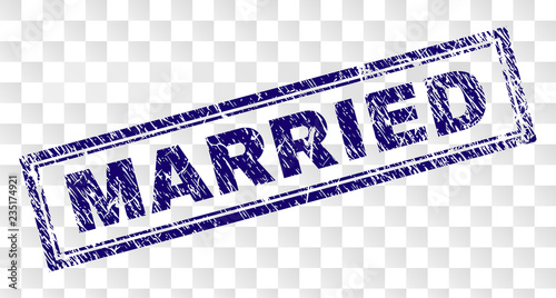 MARRIED stamp seal imprint with rubber print style and double framed rectangle shape. Stamp is placed on a transparent background. Blue vector rubber print of MARRIED tag with unclean texture.