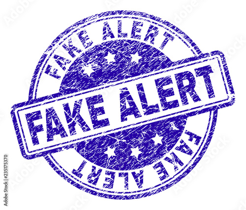 FAKE ALERT stamp seal watermark with grunge texture. Designed with rounded rectangles and circles. Blue vector rubber print of FAKE ALERT title with grunge texture.
