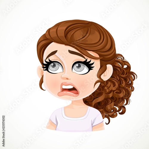 Beautiful dissatisfied cartoon brunette girl with dark chocolate hair portrait isolated on white background