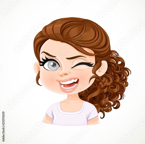 Beautiful cheerily winking cartoon brunette girl with dark chocolate hair portrait isolated on white background
