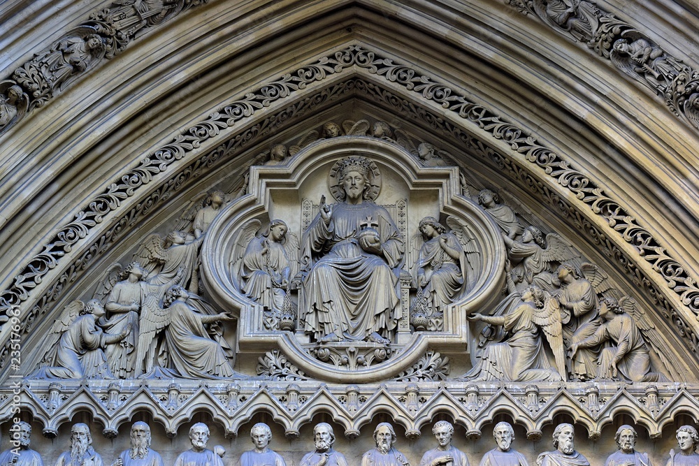 Religious decoration at the entrance of a church in London, United Kingdom