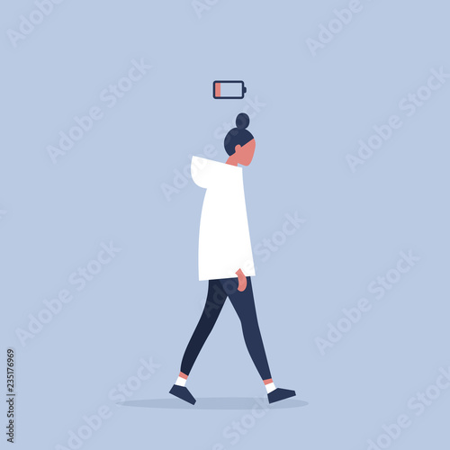 low battery conceptual illustration. young female exhausted character. Modern urban life / flat editable vector illustration